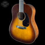 Front angle of Used Martin Custom Shop 37 Authentic Spec Slope Shoulder Dread Ambertone Stage 1 Aging VTS Adirondack/Flamed Mahogany.