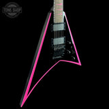 Black electric guitar with pink edges on a black background, featuring 'Tone Shop' logo.