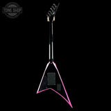 Glossy electric guitar with pink accents on a black background, featuring 'Tone Shop' logo.
