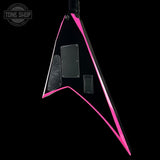 Guitar body with pink edge on a black background, featuring 'Tone Shop' logo.