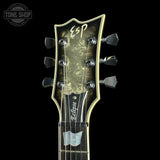 Headstock of Used ESP Original Series Eclipse Silver Liquid Metal Burst.