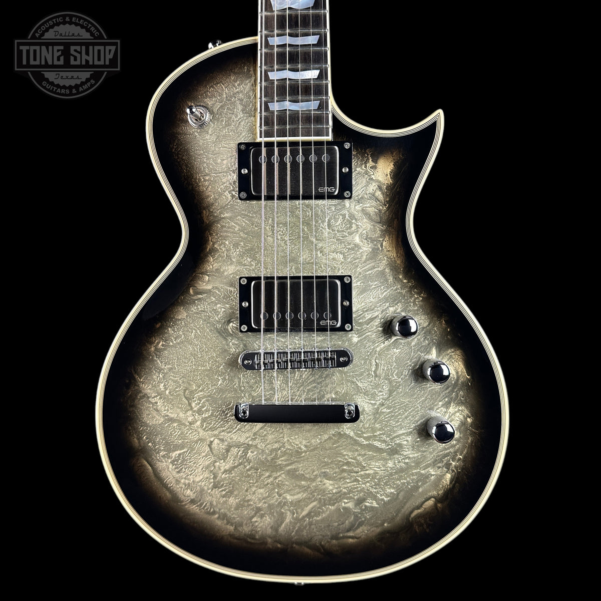Front of Used ESP Original Series Eclipse Silver Liquid Metal Burst.