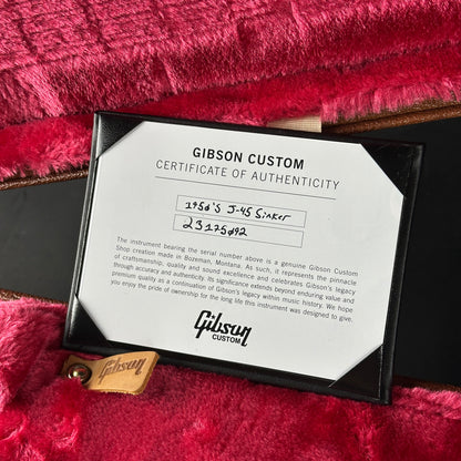 Certificate of authenticity for Gibson Custom Dealer Select J-45 Original Sinker Vintage Sunburst.