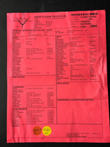 A bright pink technical specification sheet for a 'Shop Floor Traveler' pallet cart by Three Pallets, detailing specifications, hardware, and notes for the W25-Strat Pro 2025 RFV - ALP6.