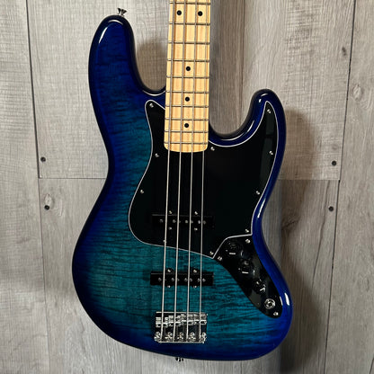 Front of Used Fender Player Jazz Bass Plus Top Blue Burst TSS3856