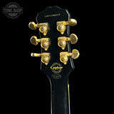 Back of headstock of Used 2016 Epiphone Les Paul Custom Ebony Left Handed.