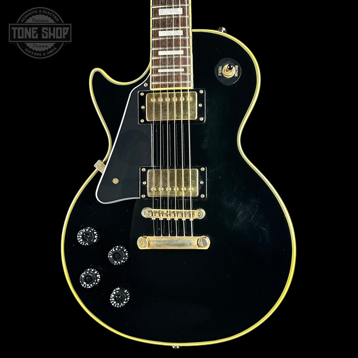 Front of Used 2016 Epiphone Les Paul Custom Ebony Left Handed.