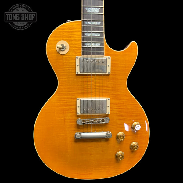Front of Used 2004 Gibson Les Paul Standard Prototype Trans Amber w/Autograph 90th Birthday.