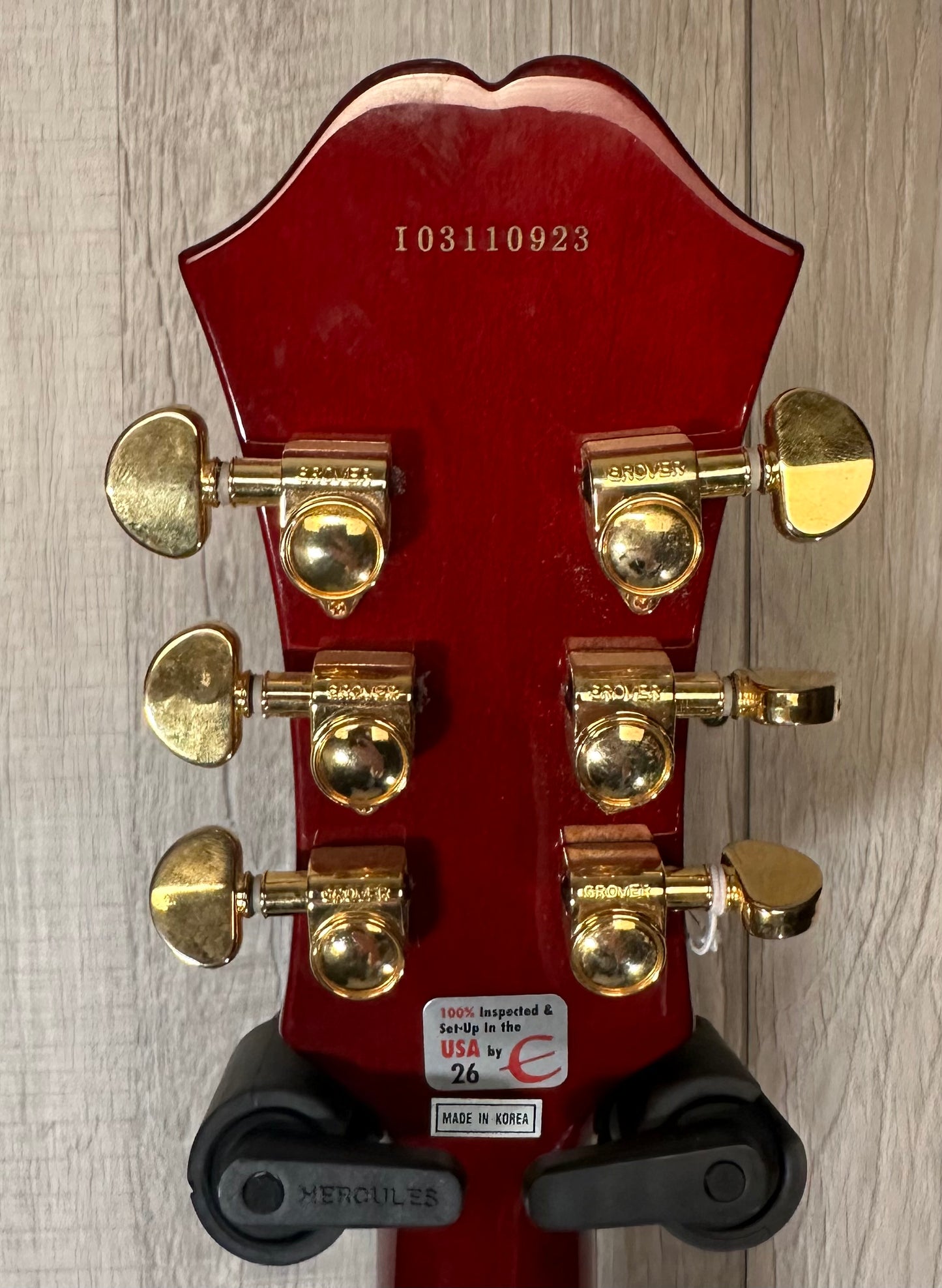 Back of headstock of Used Epiphone Dot Deluxe Cherry Flame Top w/case TSS3855