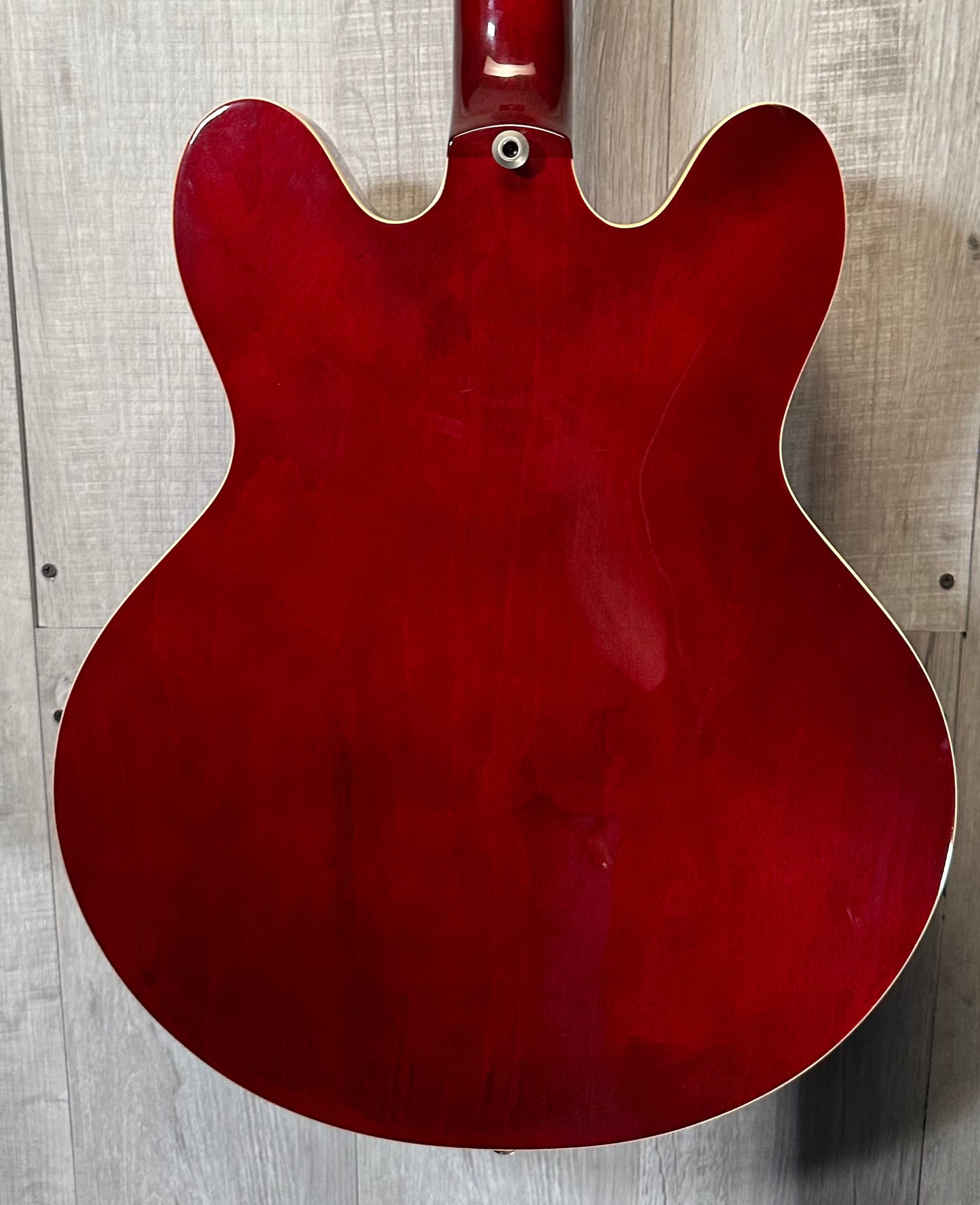 Back of Used Epiphone Dot Deluxe Cherry Flame Top w/case TSS3855