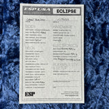 ESP USA guitar build specifications card on a textured blue background