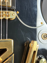 Close-up of a guitar's headstock with tuning pegs and brand logo.