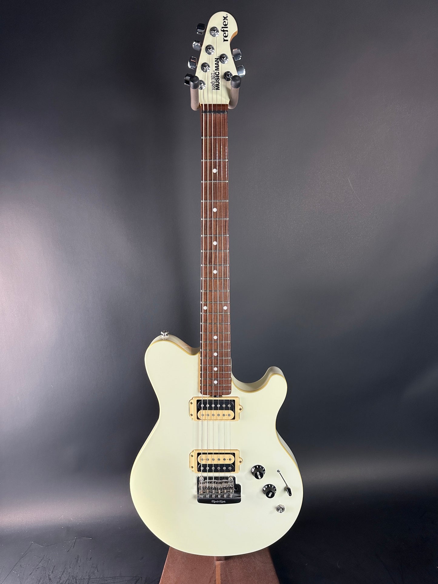 Full front of Used Ernie Ball Music Man Reflex White.