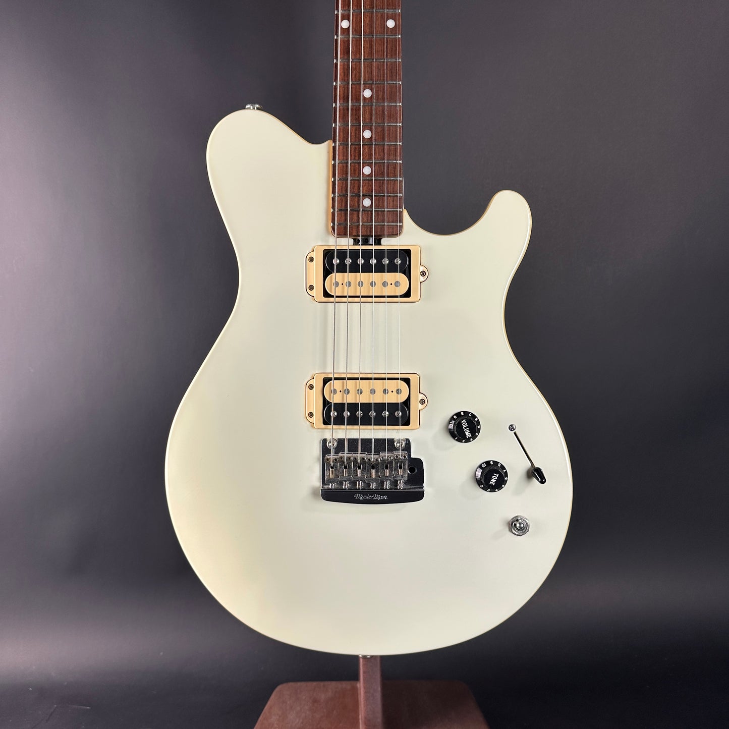 Front of Used Ernie Ball Music Man Reflex White.