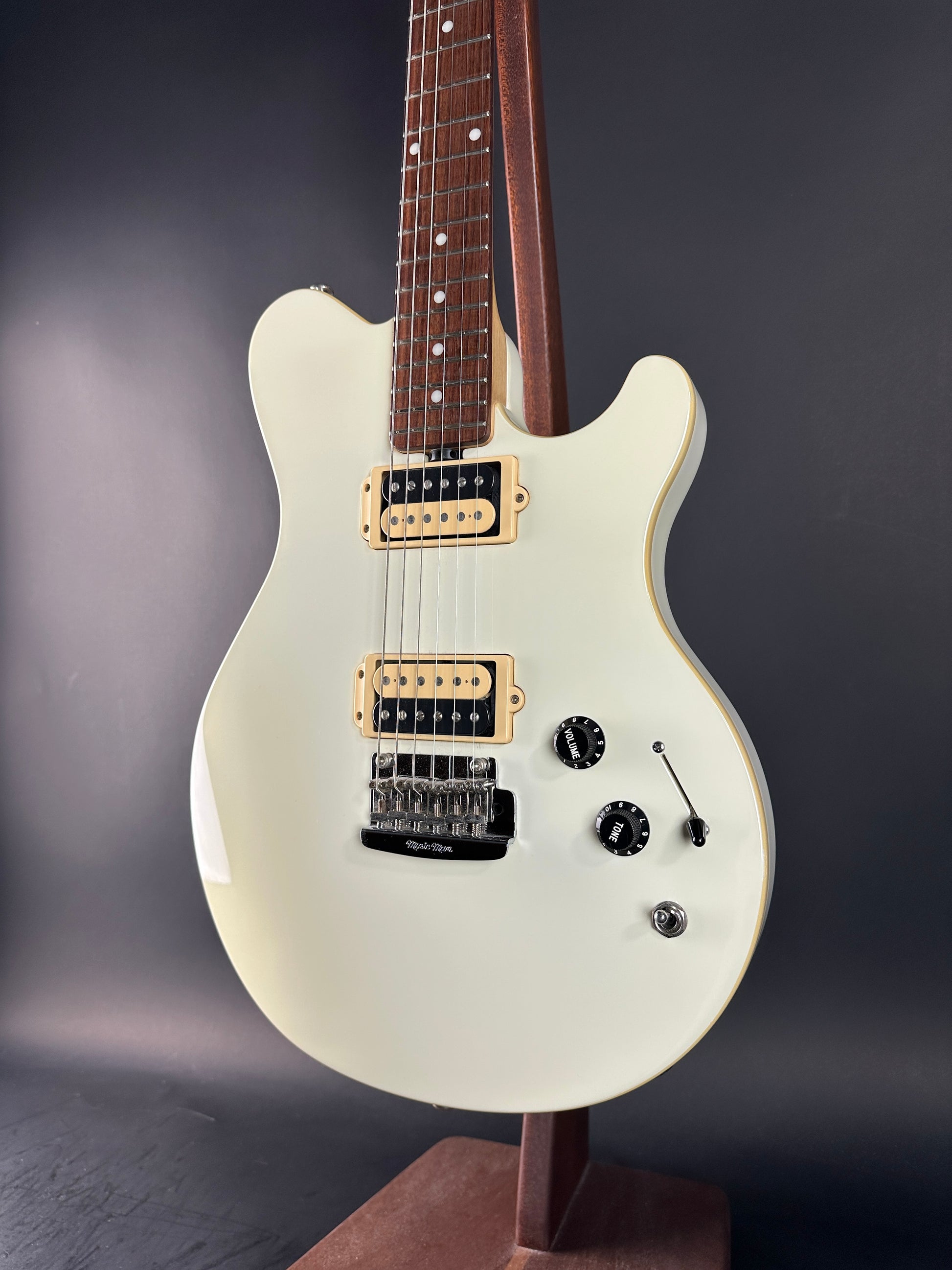 Front angle of Used Ernie Ball Music Man Reflex White.