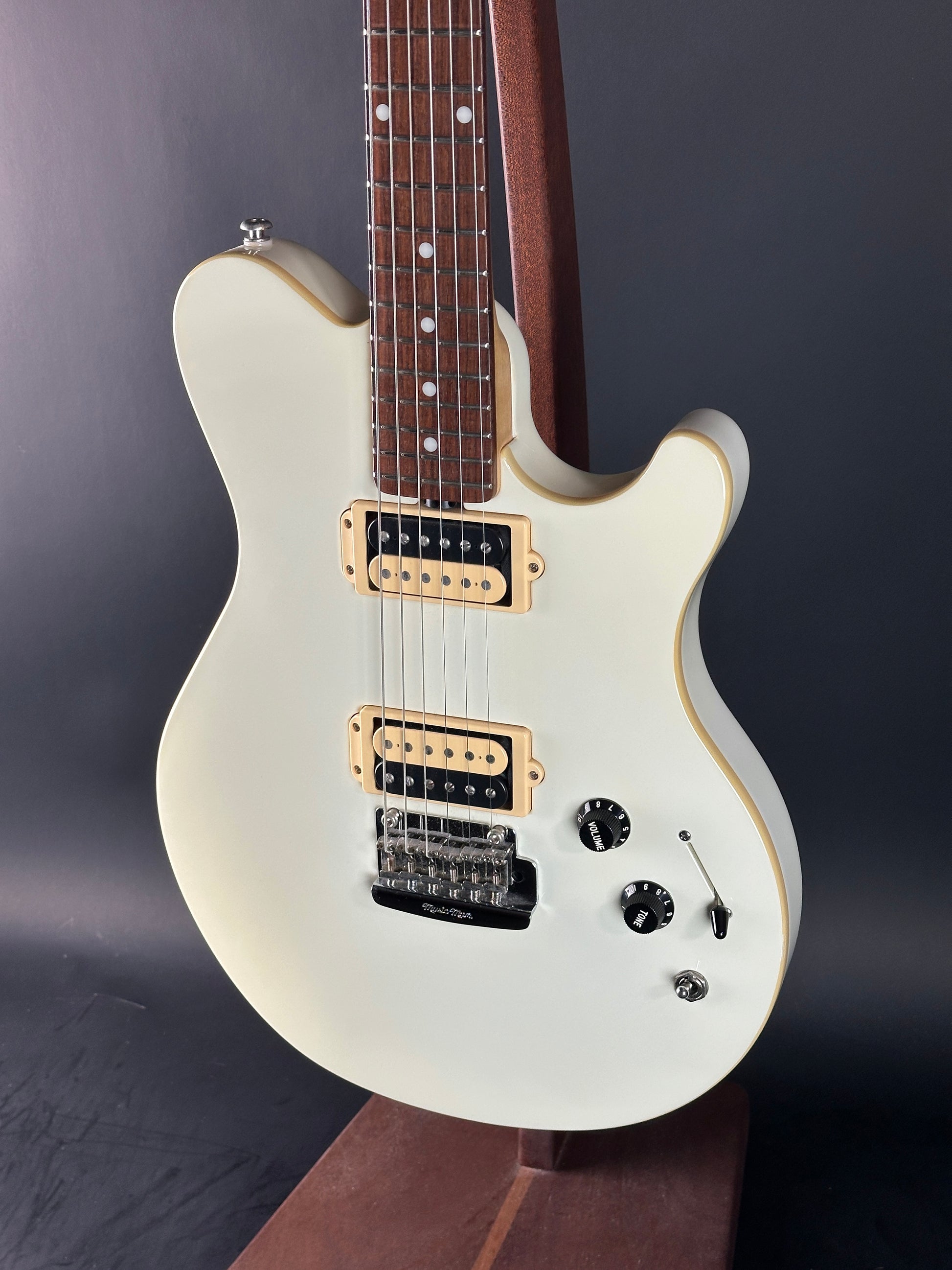 Front angle of Used Ernie Ball Music Man Reflex White.