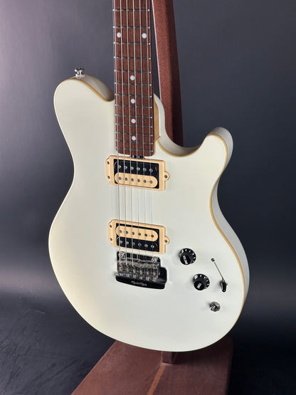 Front angle of Used Ernie Ball Music Man Reflex White.