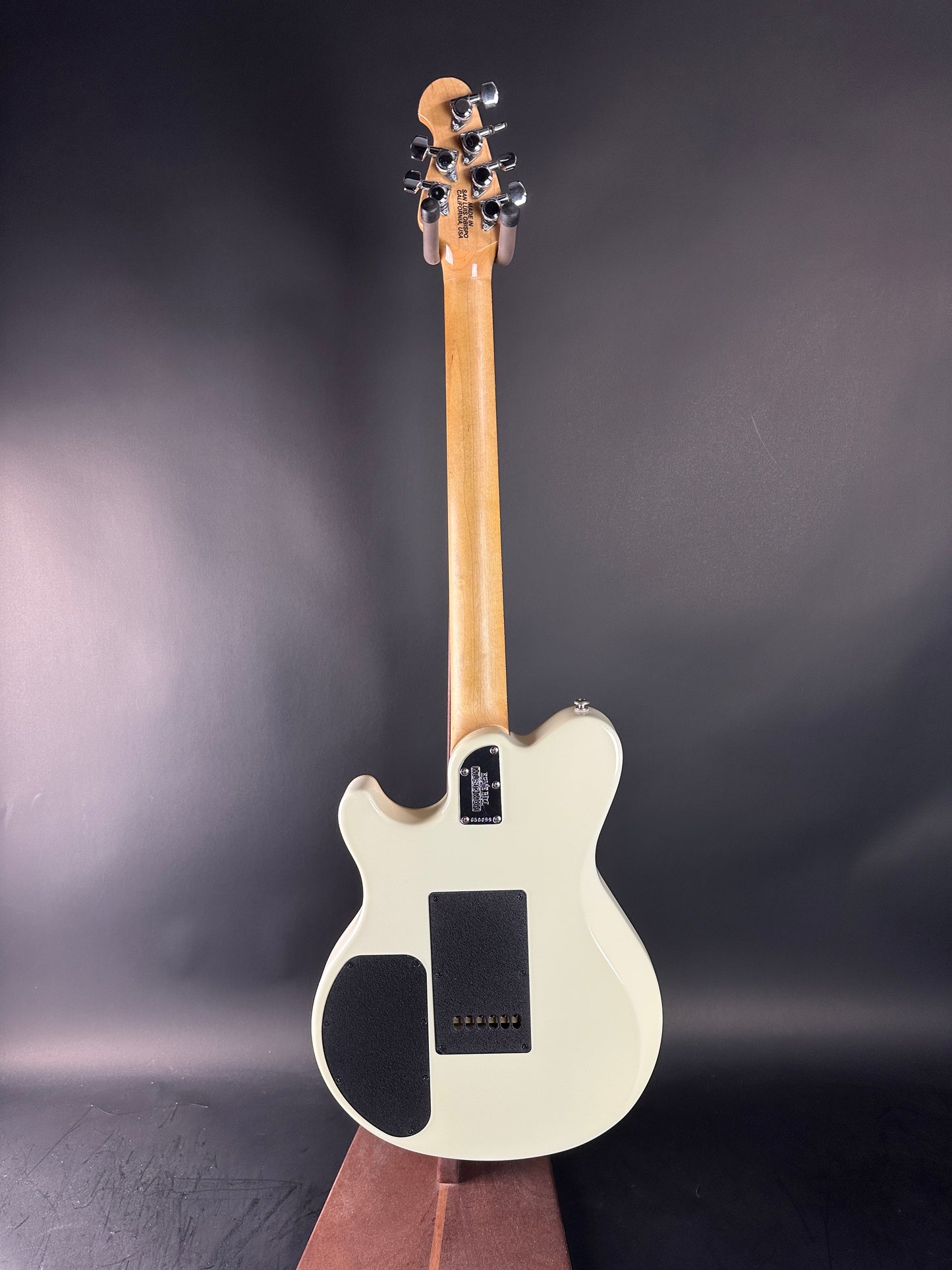 Full back of Used Ernie Ball Music Man Reflex White.
