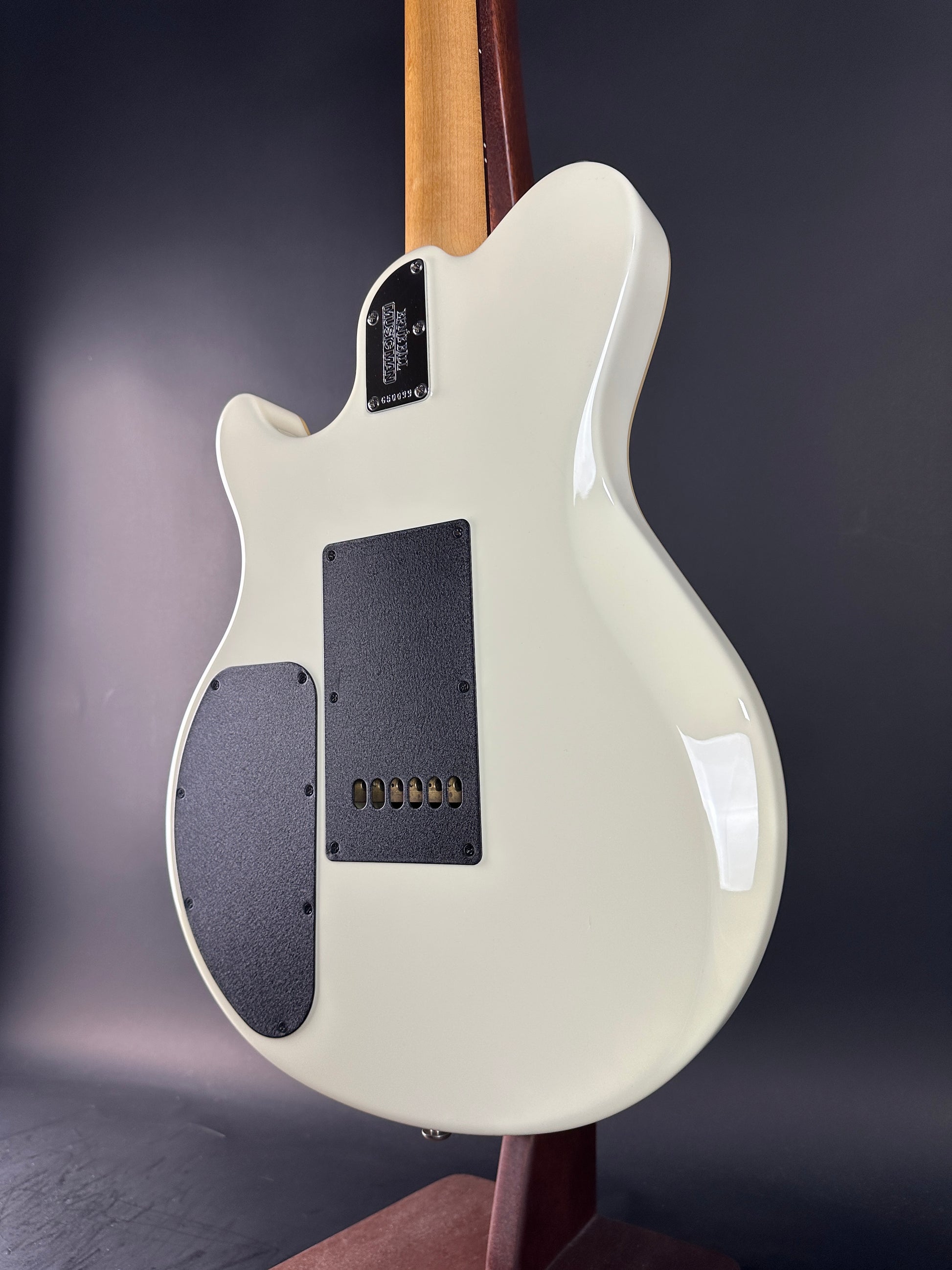 Back angle of Used Ernie Ball Music Man Reflex White.