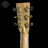 Back of headstock of Martin Custom Shop  41 Style Dread Adirondack/Pacific Big Leaf Flamed Maple.