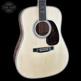 Front angle of Martin Custom Shop  41 Style Dread Adirondack/Pacific Big Leaf Flamed Maple.