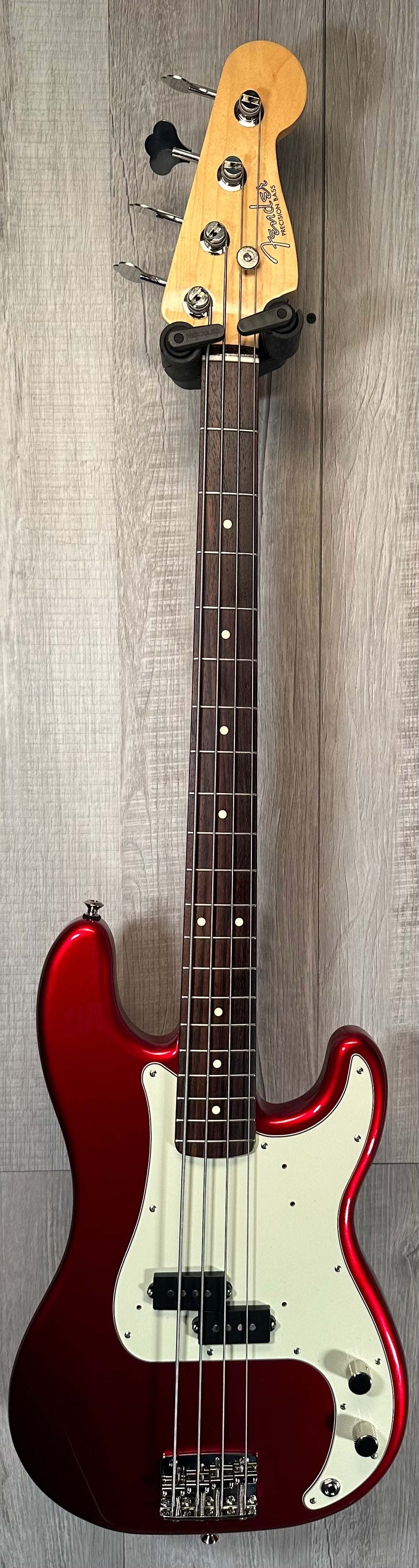 Full front of Used Fender MIJ Heritage 60 Precision Bass Candy Apple Red w/HiMass Bridge & Hipshot Tuners w/bag TSS3872