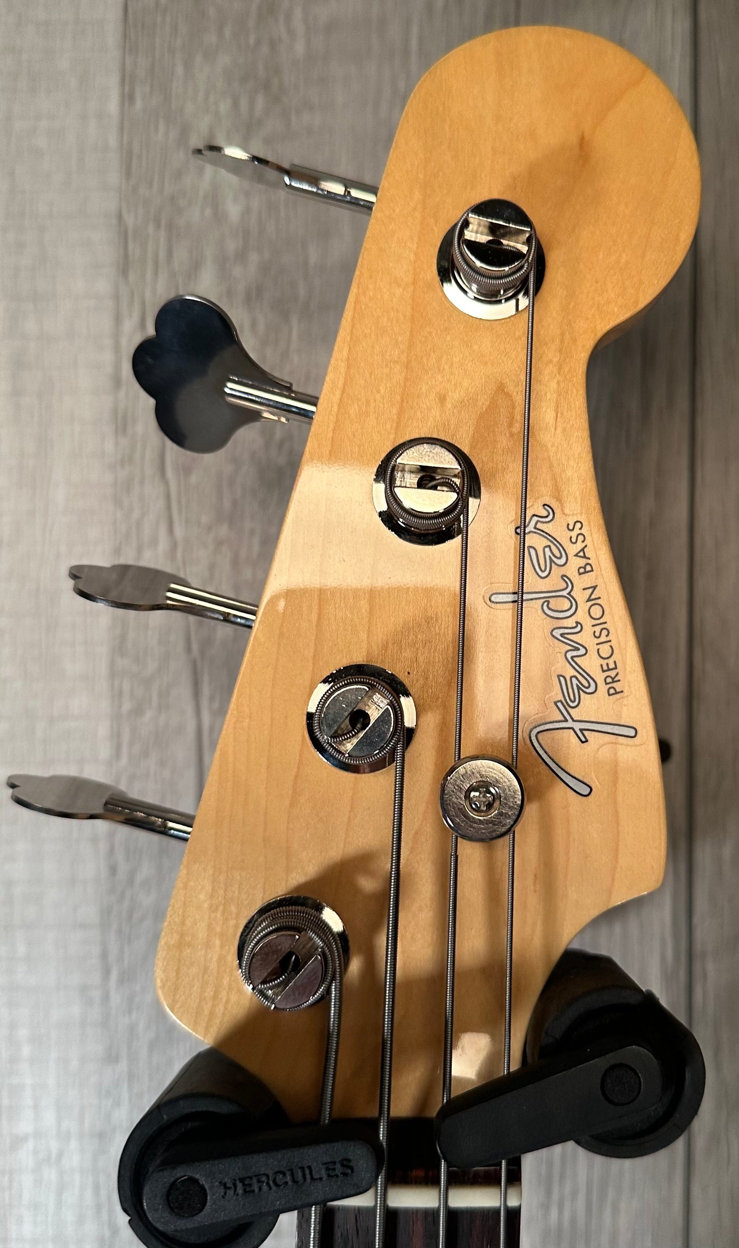 Headstock of Used Fender MIJ Heritage 60 Precision Bass Candy Apple Red w/HiMass Bridge & Hipshot Tuners w/bag TSS3872