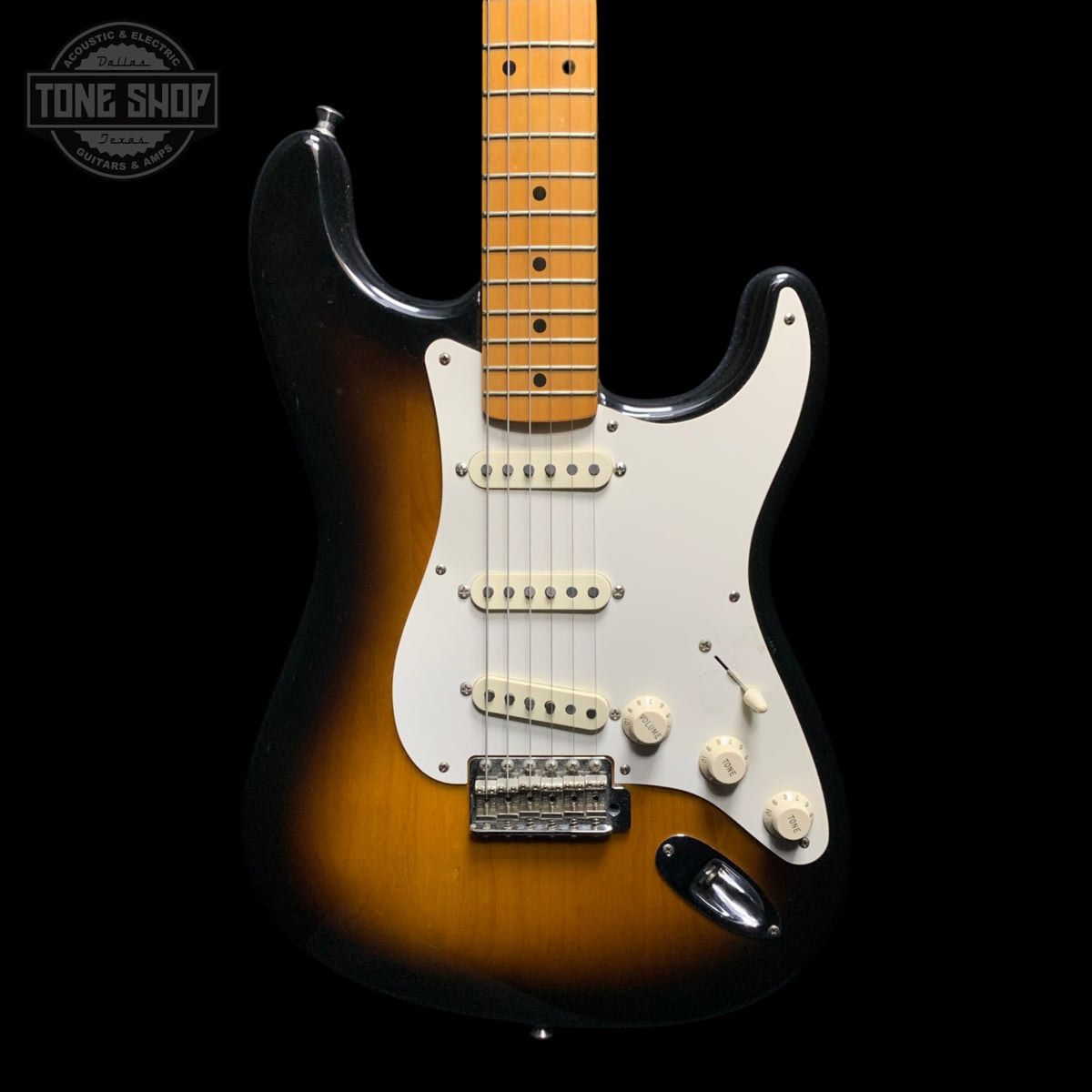 Front of Used 1999 Fender Classic Series Stratocaster 2 Color Sunburst.