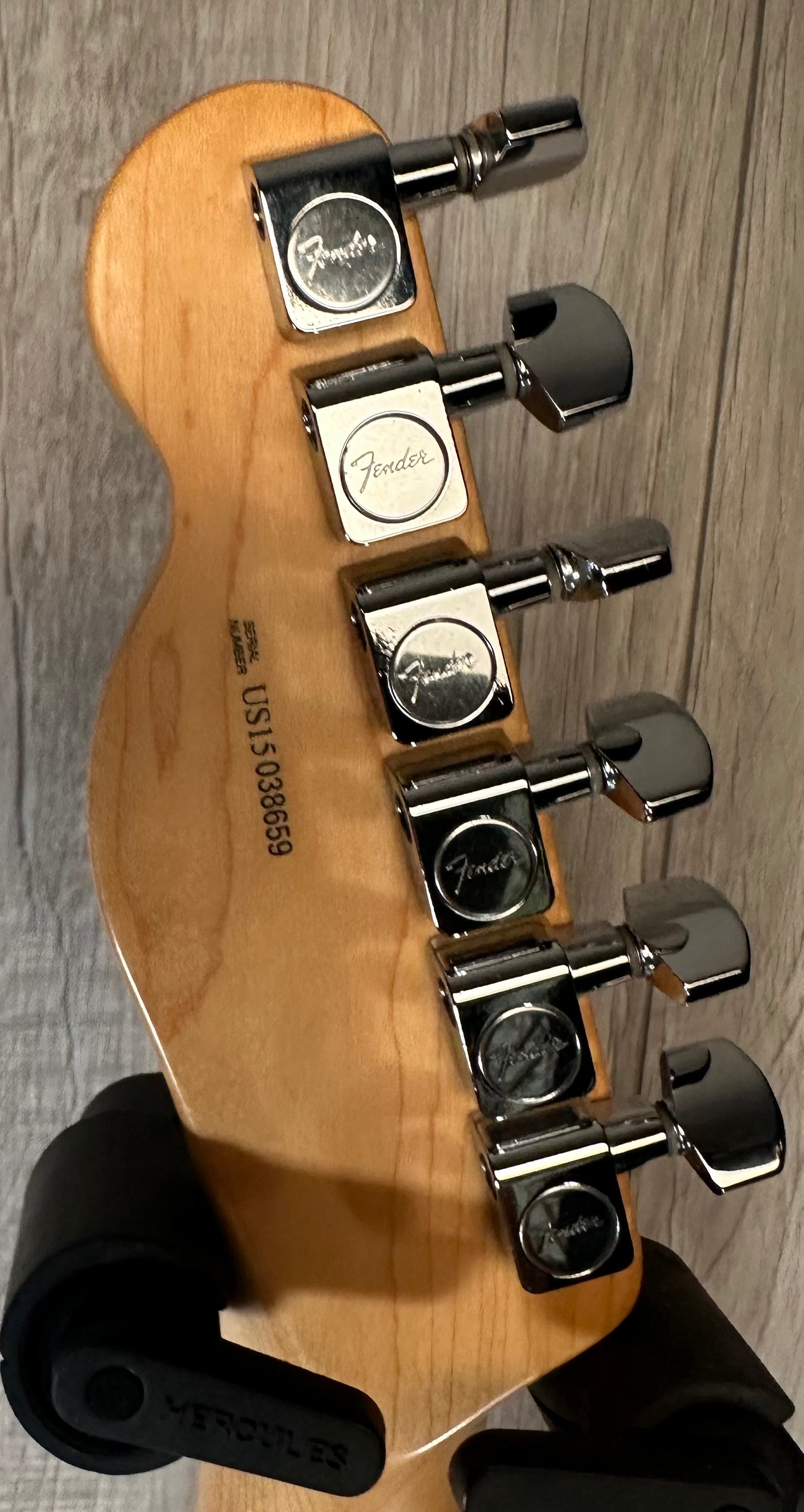 Back of headstock of Used 2015 Fender American Standard Telecaster 3-Tone Sunburst w/case TSS3886