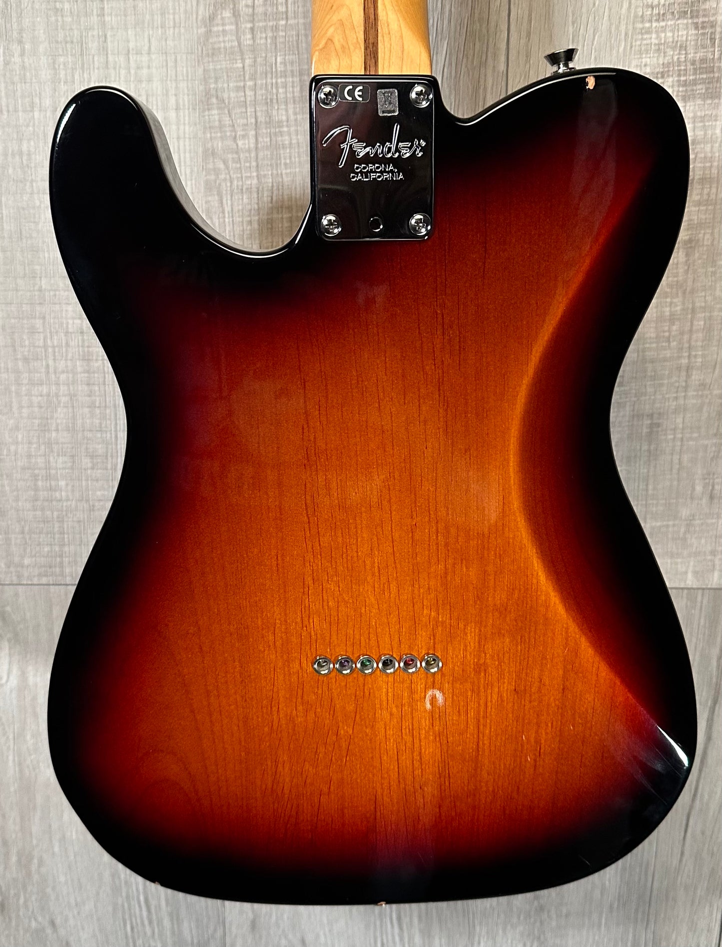 Back of Used 2015 Fender American Standard Telecaster 3-Tone Sunburst w/case TSS3886