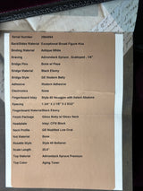 Spec sheet for Martin Custom Shop OM 45 Style Adirondack/Exceptional Broad Figure Koa.