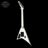White electric guitar with a unique design on a black background, featuring the Tone Shop logo.
