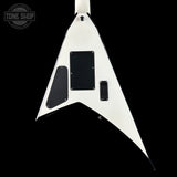 White guitar body with black pickguard on a black background, featuring 'Tone Shop' logo.