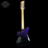Electric guitar with a purple body and wooden neck on a black background, featuring 'Tone Shop' branding.