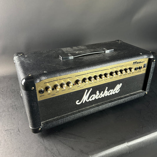 Marshall guitar amplifier head on a gray surface