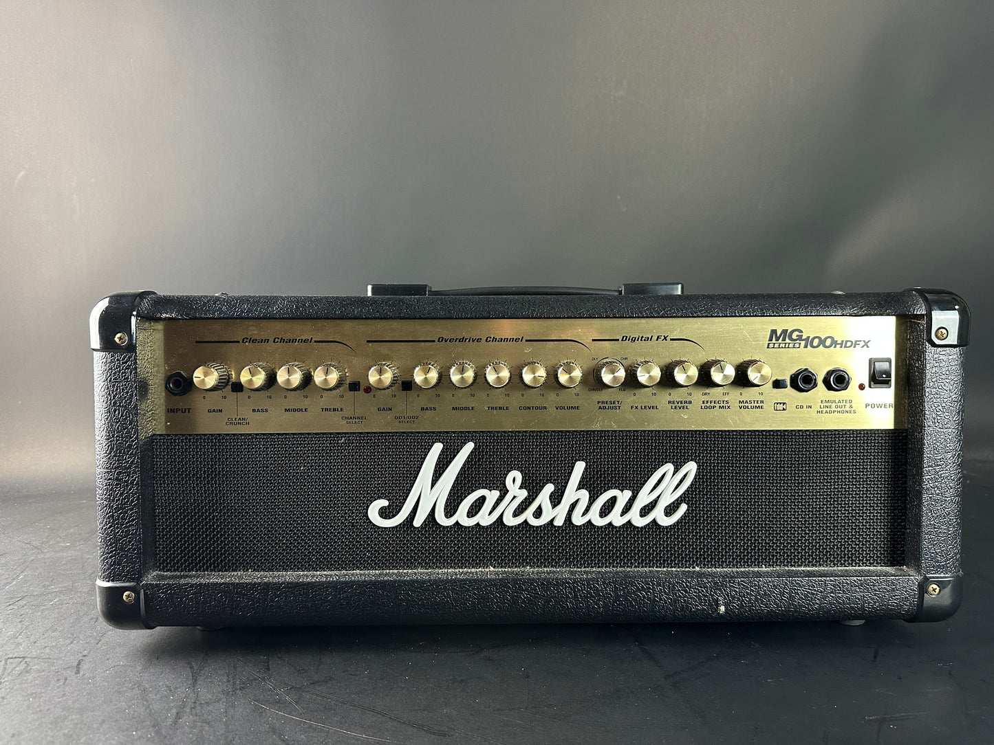 Marshall guitar amplifier head on a gray background