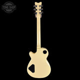 Beige electric guitar on a black background with 'Tone Shop' logo.