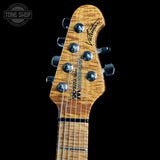 Guitar headstock with brand logo on a black background
