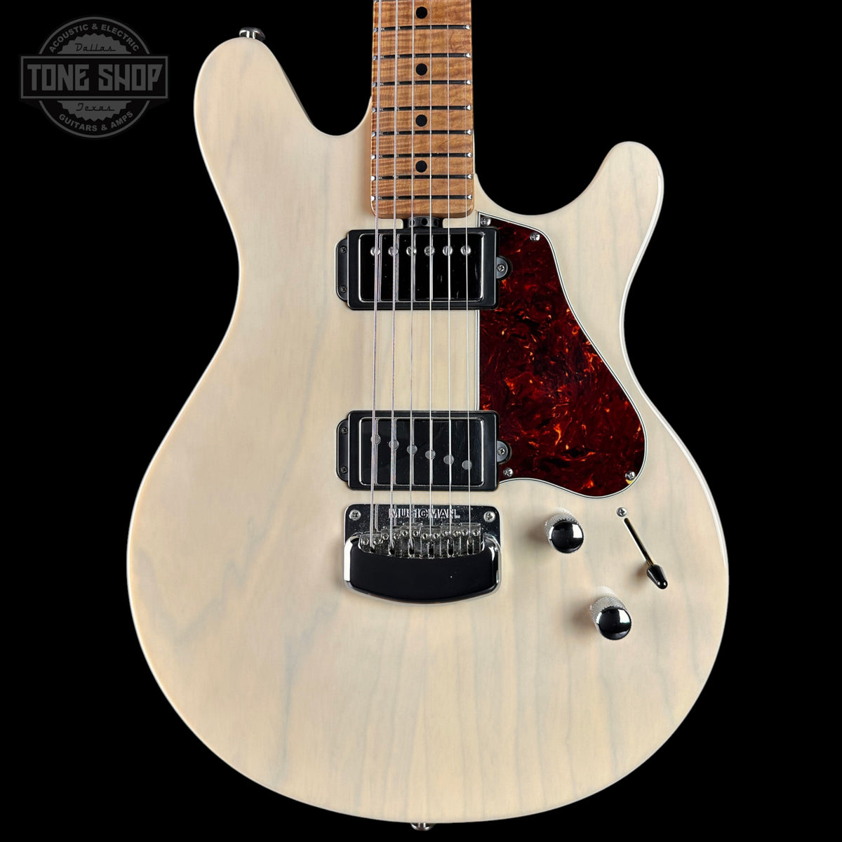 Electric guitar with a white pickguard and red flame maple top on a black background, featuring the Tone Shop logo.
