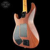 Wooden electric guitar with a visible brand logo on a black background