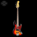 Electric bass guitar with a flame maple top and sunburst finish on a black background, featuring 'Tone Shop' branding.