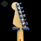 Back of headstock of Used Squier Stratocaster Black TFW3685.