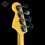 Back of headstock of Used Fender Squier II P-Bass Black.