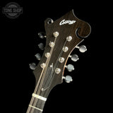 Close-up of a guitar headstock with the brand name 'Collings' in white script on a dark wood finish, featuring silver tuning pegs and strings against a black background.