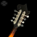 Close-up of the headstock of a six-string acoustic guitar, showing the dark carved headstock, decorative silver tuning peg bars, and six tuning keys, set against a solid black background.