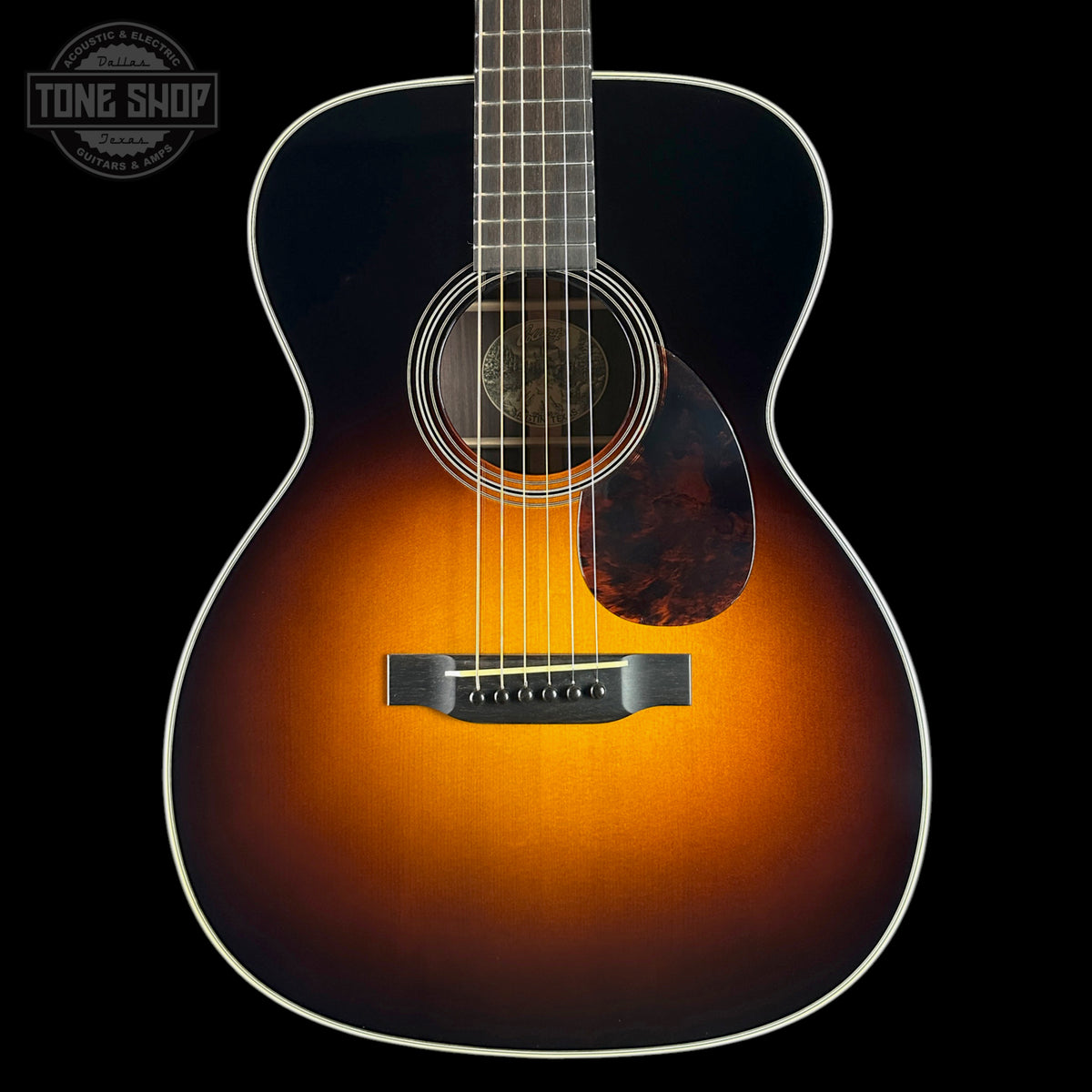 Front of Collings OM2 A HC Hill Country Sunburst Adirondack.