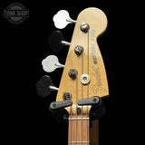 Headstock of Used 2021 Fender Limited Edition Player Mustang PJ Bass Tidepool.