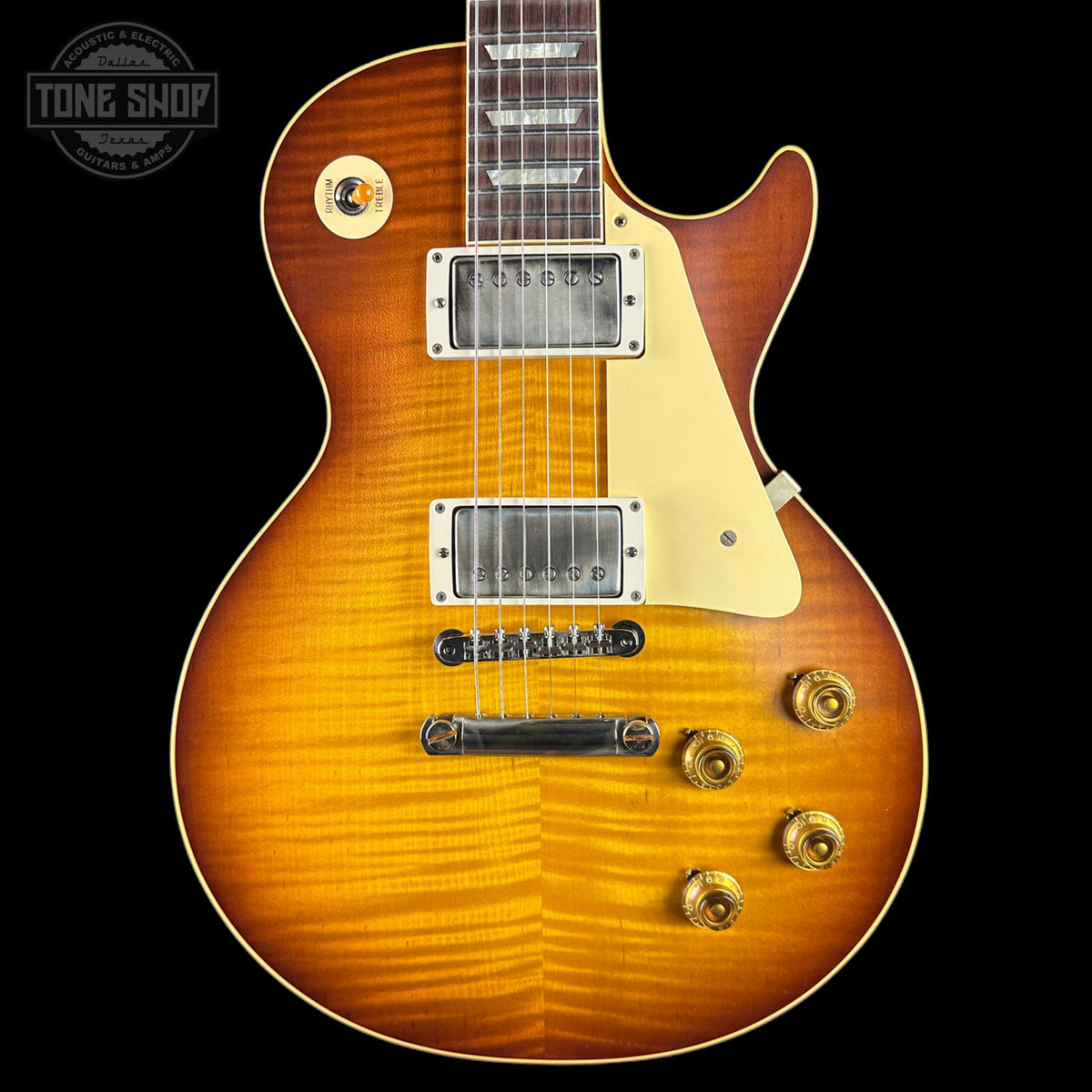 Front of Gibson Custom Dealer Select 1959 Les Paul Standard Tejas Burst AAA Top VOS.