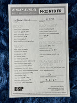 Technical specifications sheet for an ESP USA guitar on a textured blue background