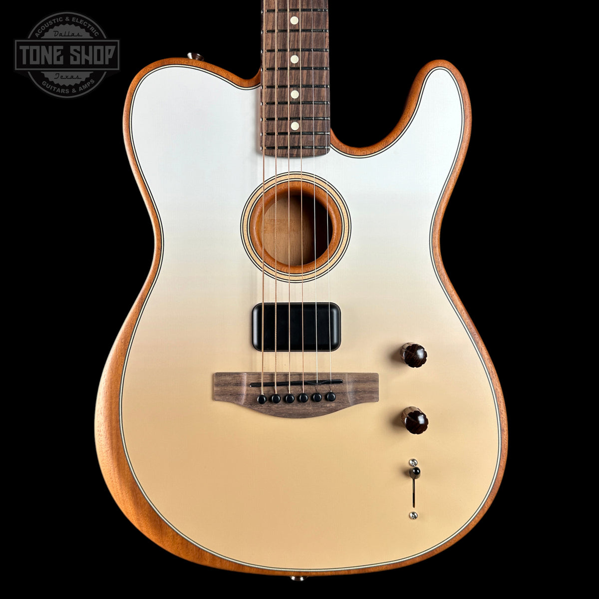 Front of Used Fender Finneas Acoustasonic Player Telecaster.